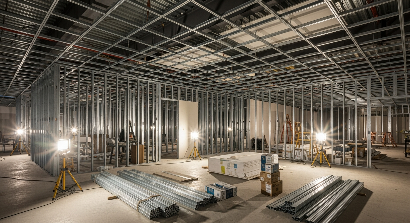 Custom home interior under construction with steel stud framing and drywall in progress, Vancouver BC. Custom home interior under construction with steel stud framing and drywall in progress, Vancouver BC.