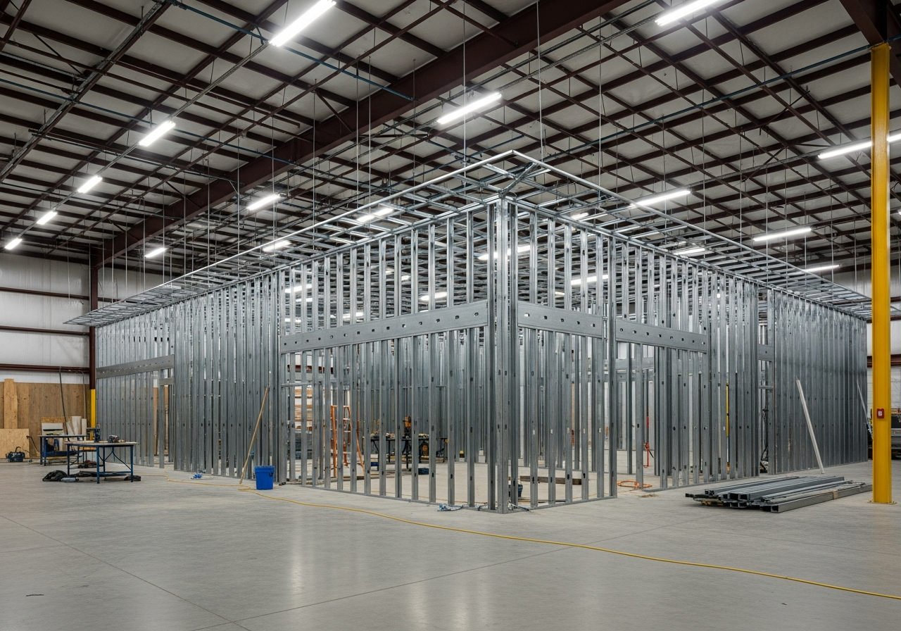 Industrial warehouse interior with suspended ceiling and steel stud demising wall installed by Rambo Walls in the Lower Mainland. Industrial warehouse interior with suspended ceiling and steel stud demising wall installed by Rambo Walls in the Lower Mainland.