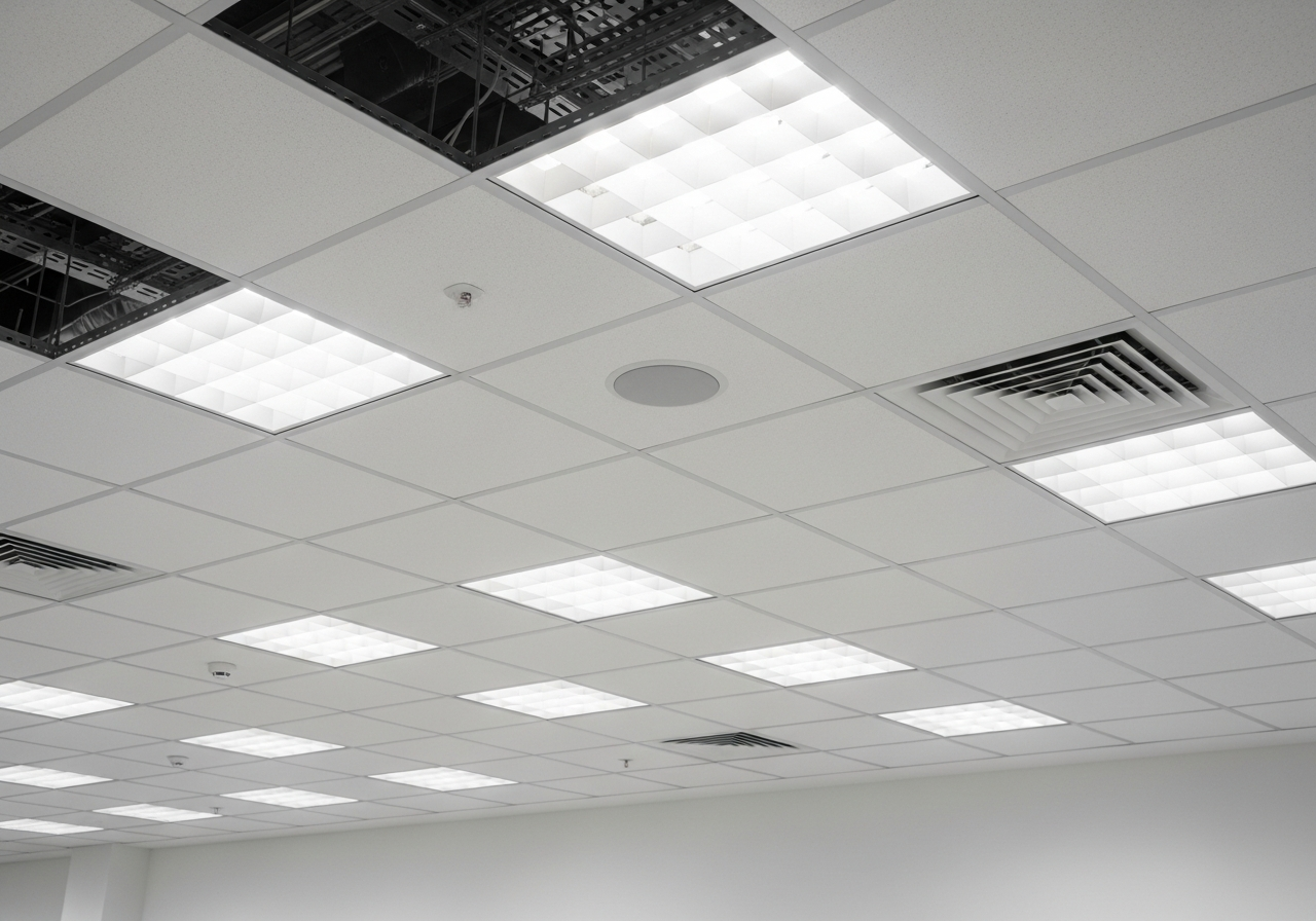 Suspended T-bar ceiling grid with white acoustic tiles and recessed LED lighting installed in a Vancouver commercial office. Suspended T-bar ceiling grid with white acoustic tiles and recessed LED lighting installed in a Vancouver commercial office.