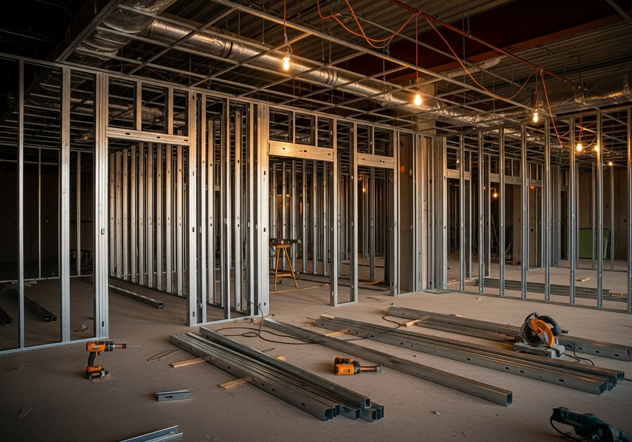 Light-gauge galvanized steel stud framing installed at 16 inches on centre inside a Vancouver high-rise condo renovation. Light-gauge galvanized steel stud framing installed at 16 inches on centre inside a Vancouver high-rise condo renovation.