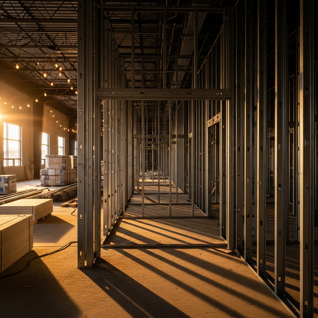 Custom home interior under construction with steel stud framing and drywall in progress, Vancouver BC.