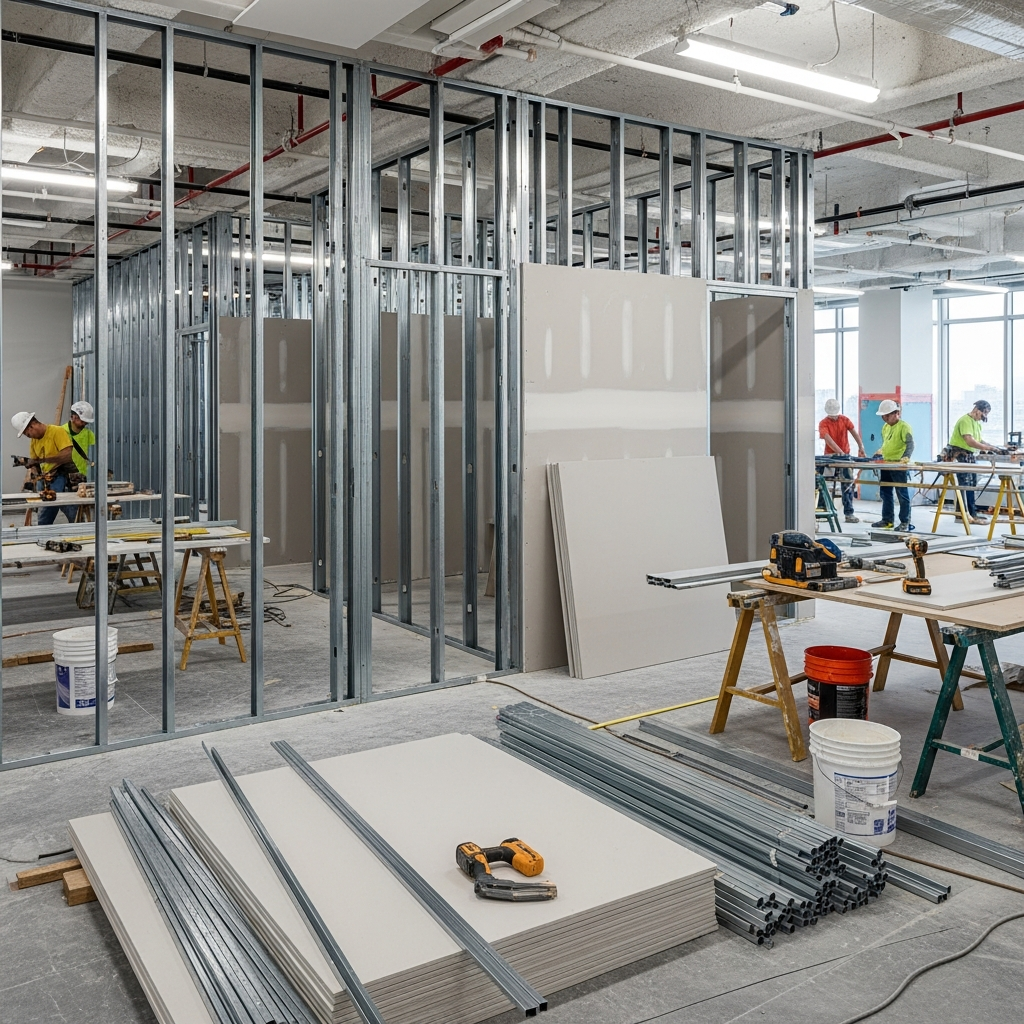 Vancouver tenant improvement build-out in progress with steel stud demising walls and suspended ceiling grid.