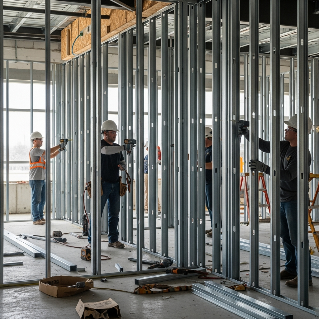 Industrial warehouse interior with suspended ceiling and steel stud demising wall installed by Rambo Walls in the Lower Mainland.
