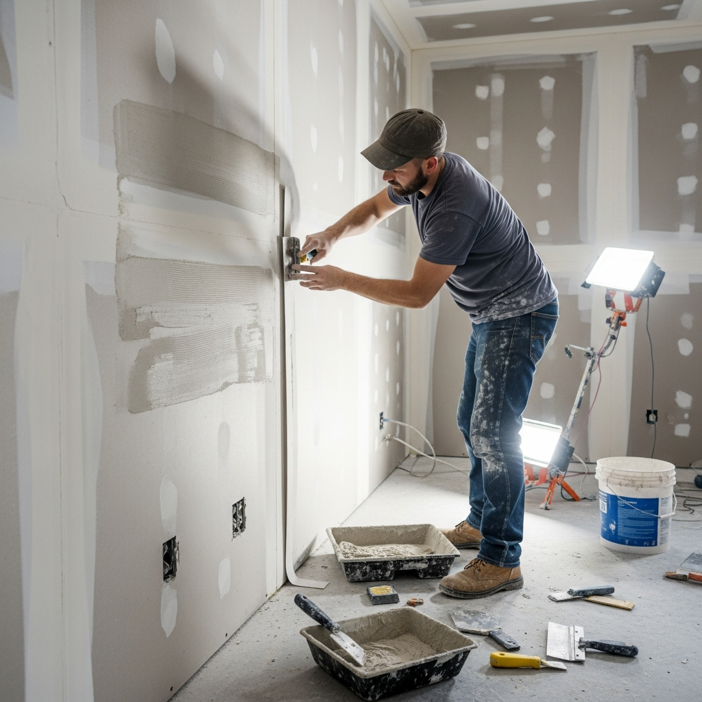 Smooth Level 5 drywall finish on a custom home interior wall in the Lower Mainland, ready for paint under raking natural light.