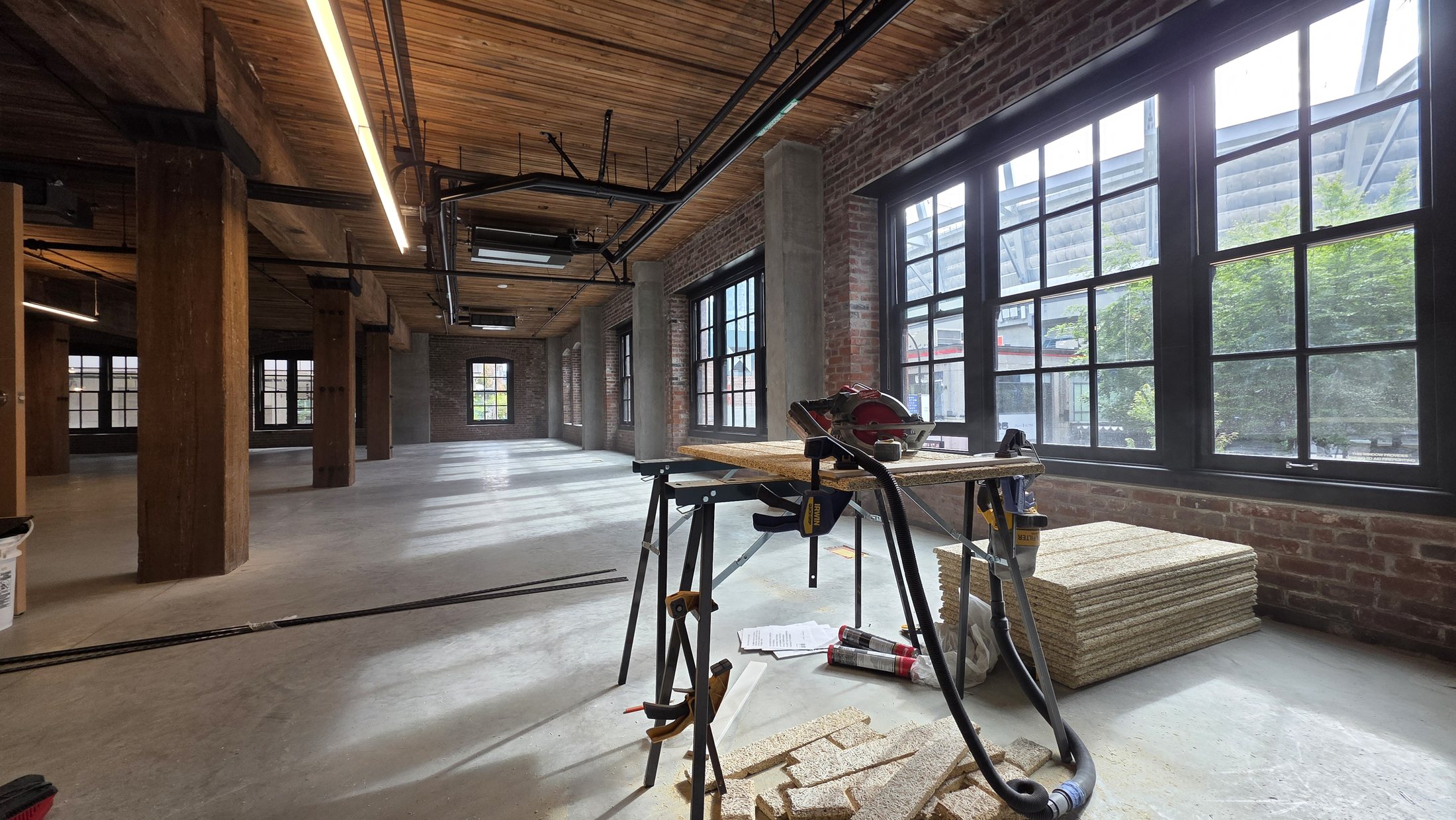 Bevelled Tectum acoustic wall panels prepared for the 837 Beatty Street installation.