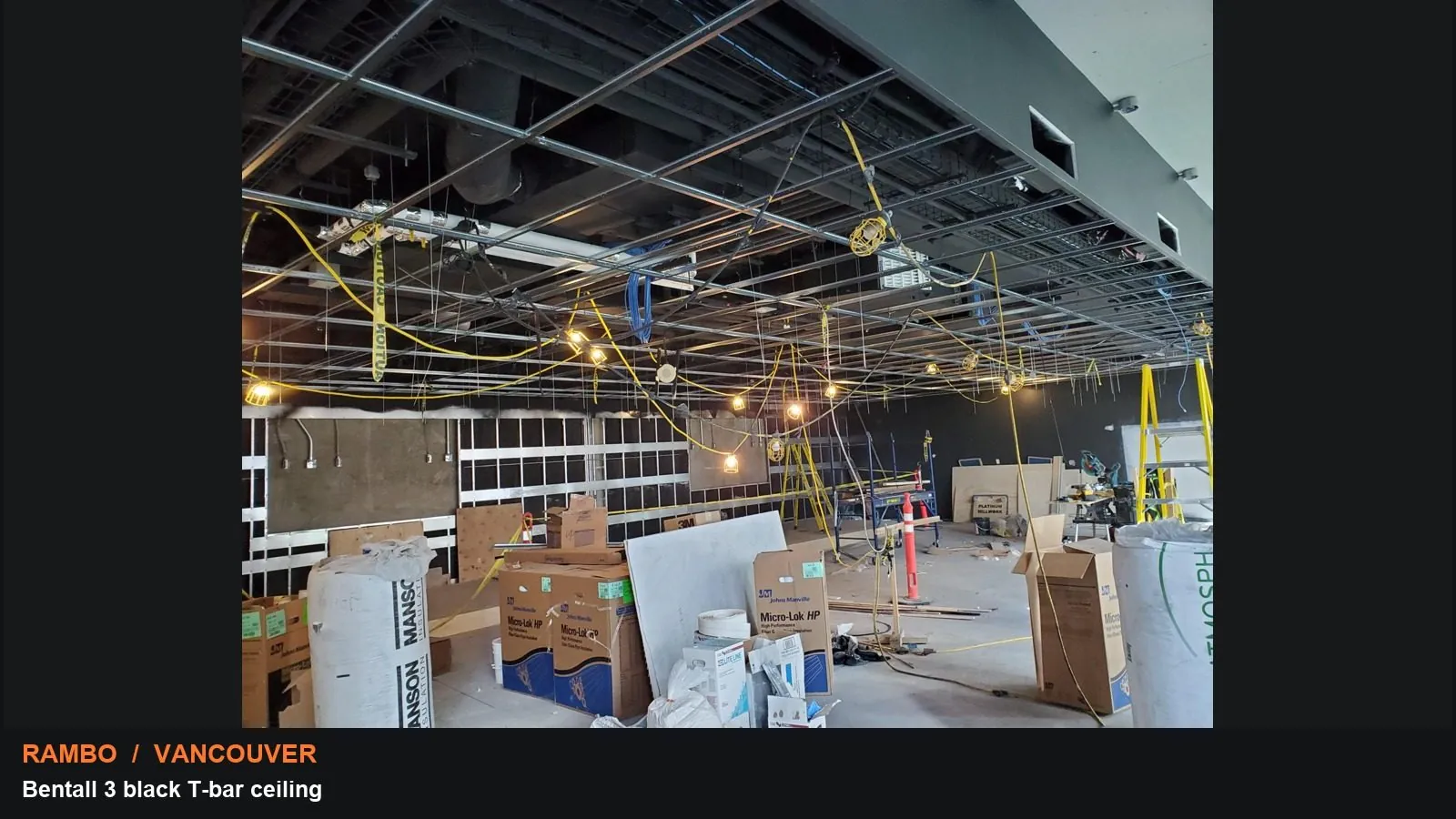 Bentall 3 black T-bar ceiling: collage of actual supplied project photographs