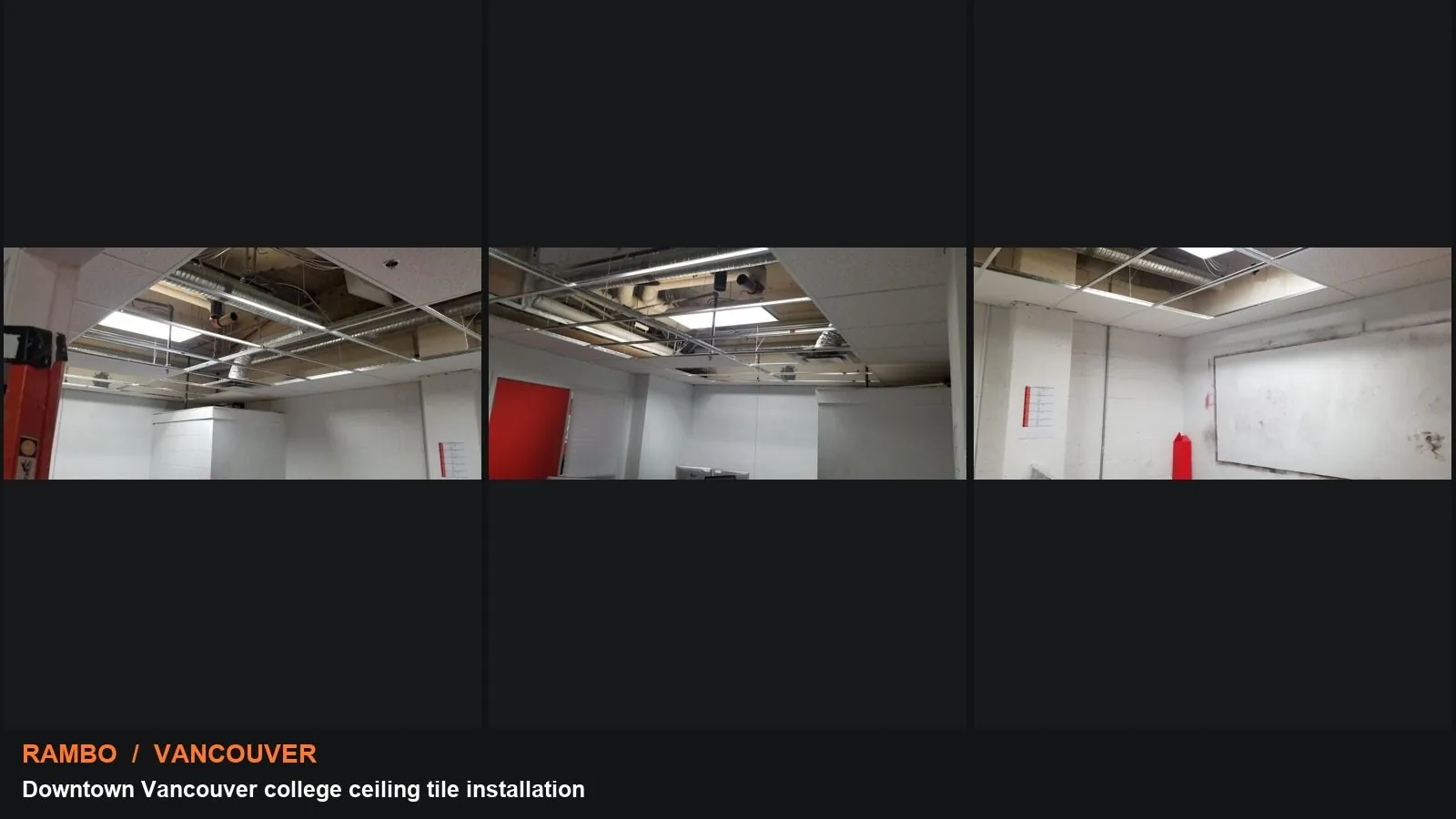 Downtown Vancouver college ceiling tile installation: collage of actual supplied project photographs