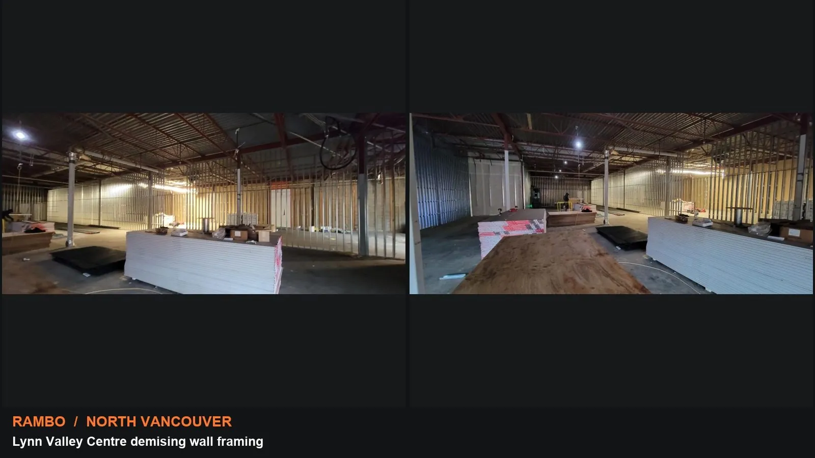 Lynn Valley Centre demising wall framing: collage of actual supplied project photographs