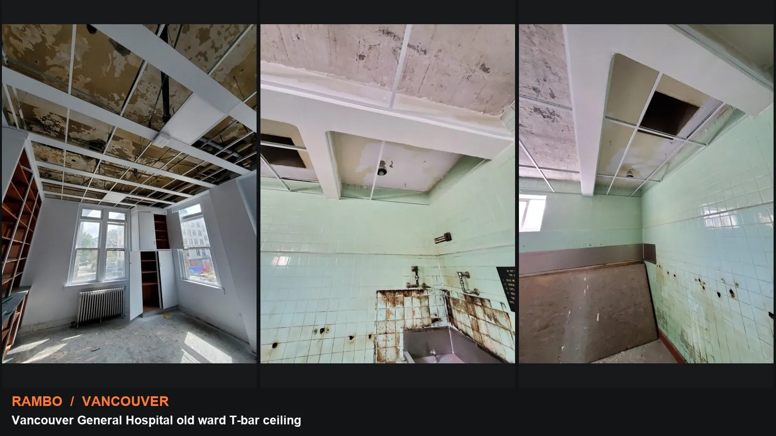Vancouver General Hospital old ward T-bar ceiling: collage of actual supplied project photographs