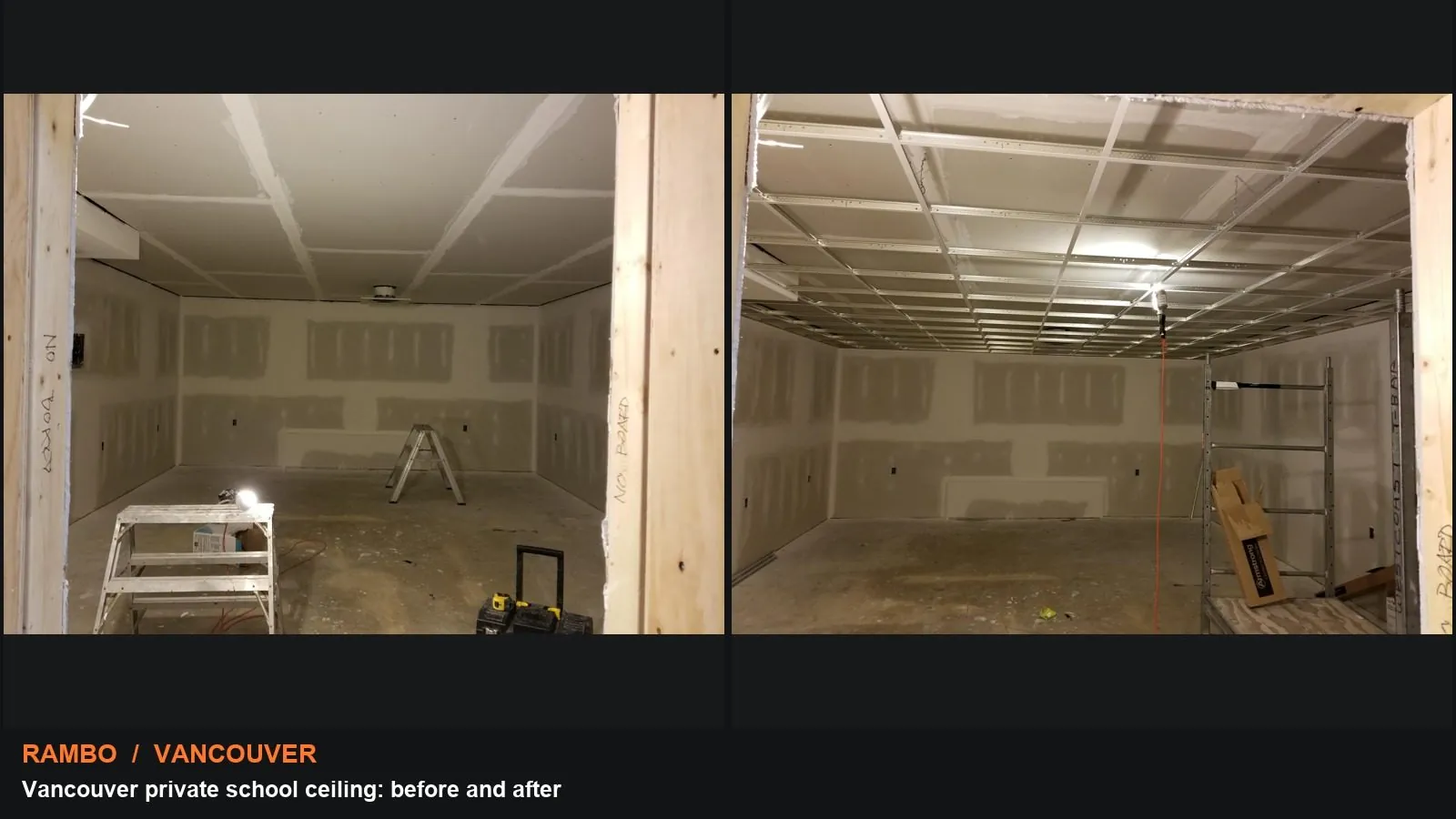 Vancouver private school ceiling: before and after: collage of actual supplied project photographs