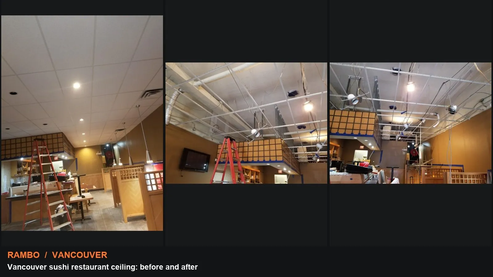 Vancouver sushi restaurant ceiling: before and after: collage of actual supplied project photographs