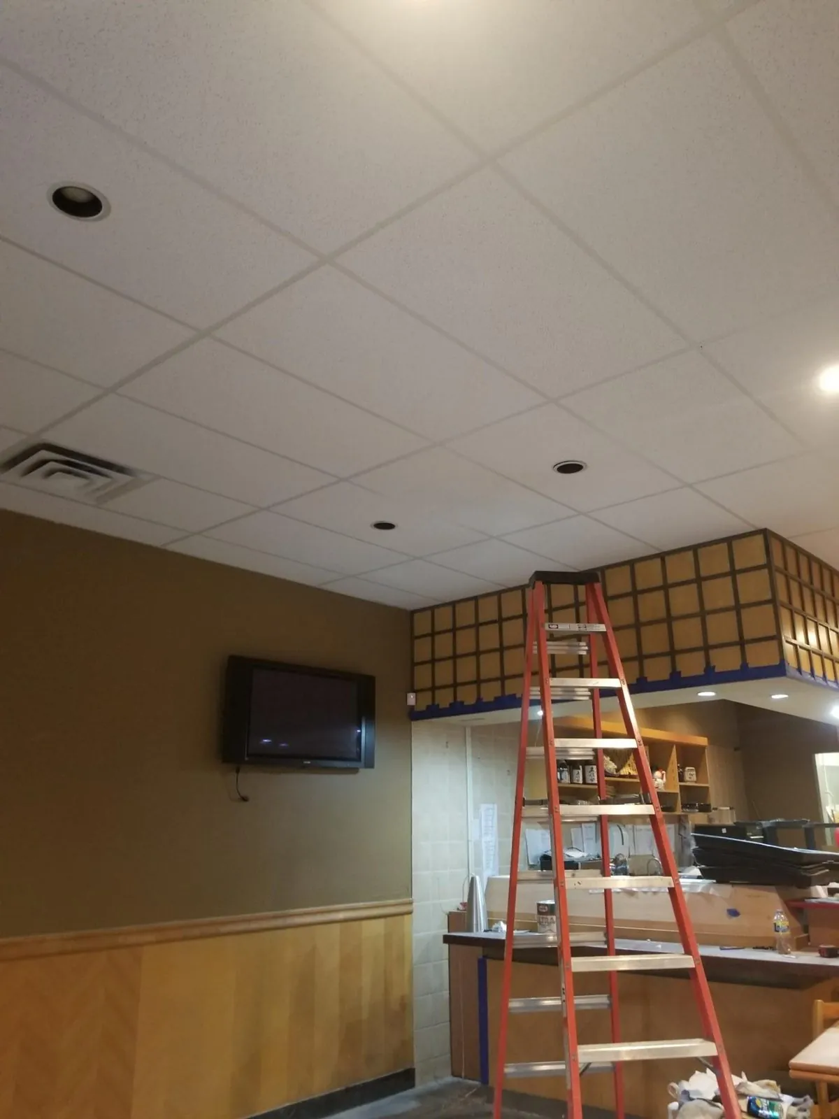 Vancouver sushi restaurant ceiling: before and after; actual Rambo project archive photograph