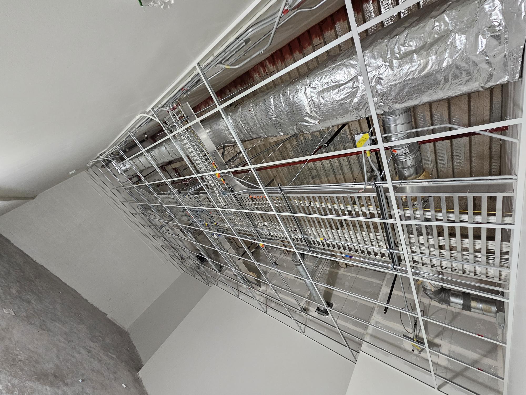Open T-bar ceiling grid and overhead services at the Amazon office in Pitt Meadows.