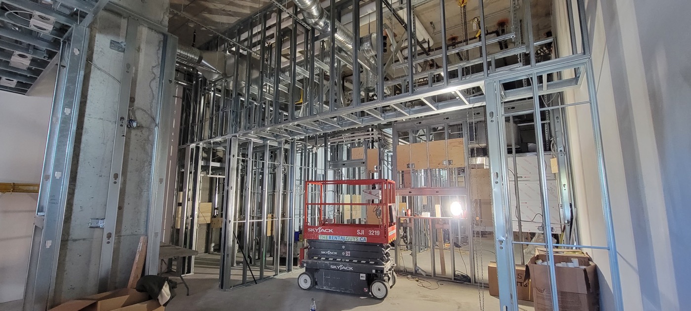 Steel stud wall and ceiling framing for a commercial interior build-out.