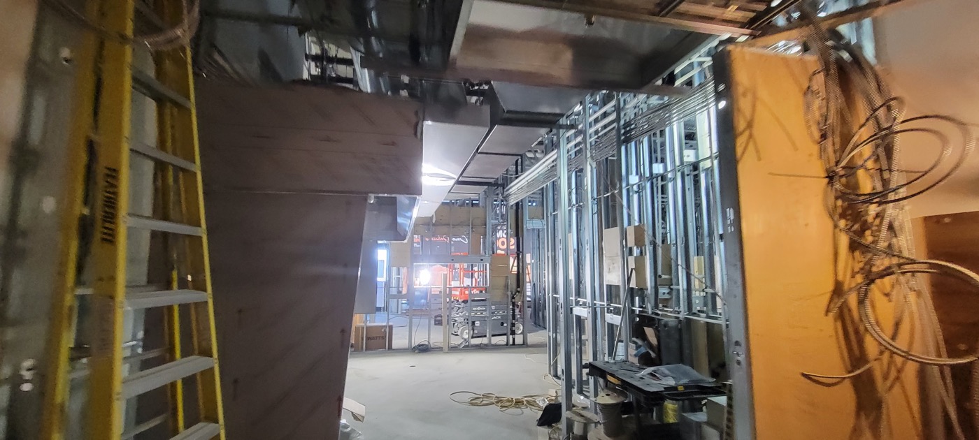 Steel stud partitions and ceiling backing during a commercial renovation.