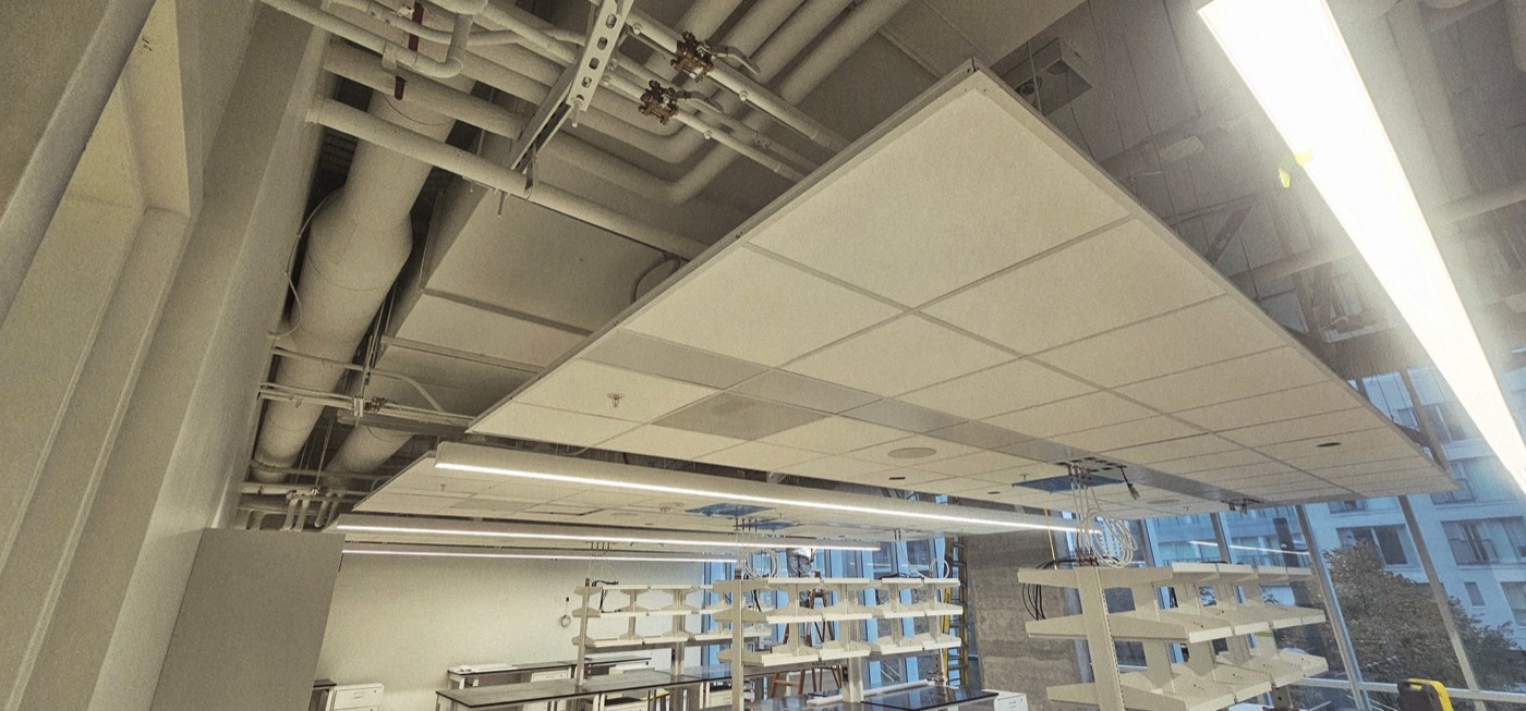 Suspended white acoustic ceiling panels installed below open services.
