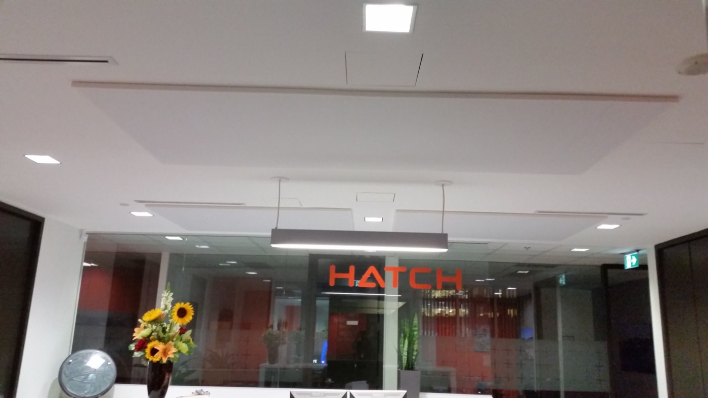 Completed Hatch reception with suspended acoustic ceiling panels.