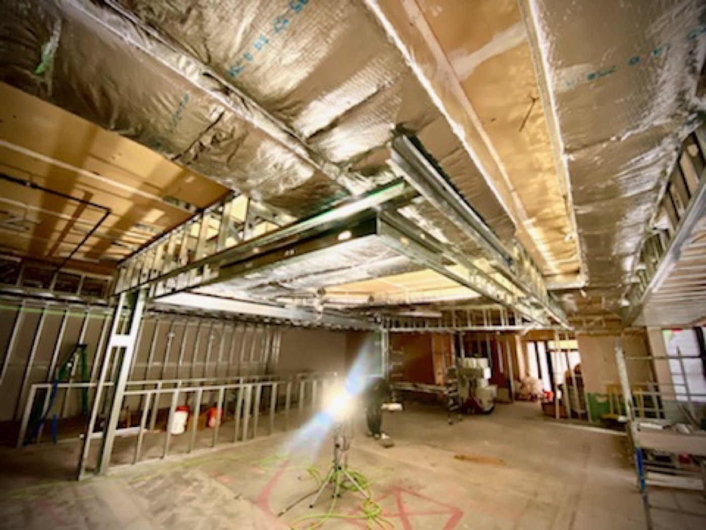 Overhead steel stud ceiling framing during a tenant improvement.