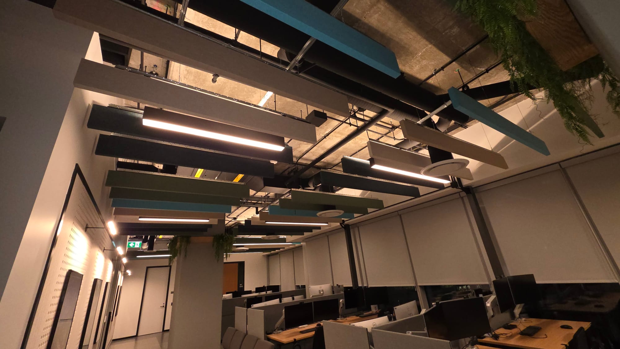 Suspended acoustic ceiling baffles installed for an ILM and Disney commercial interior project.