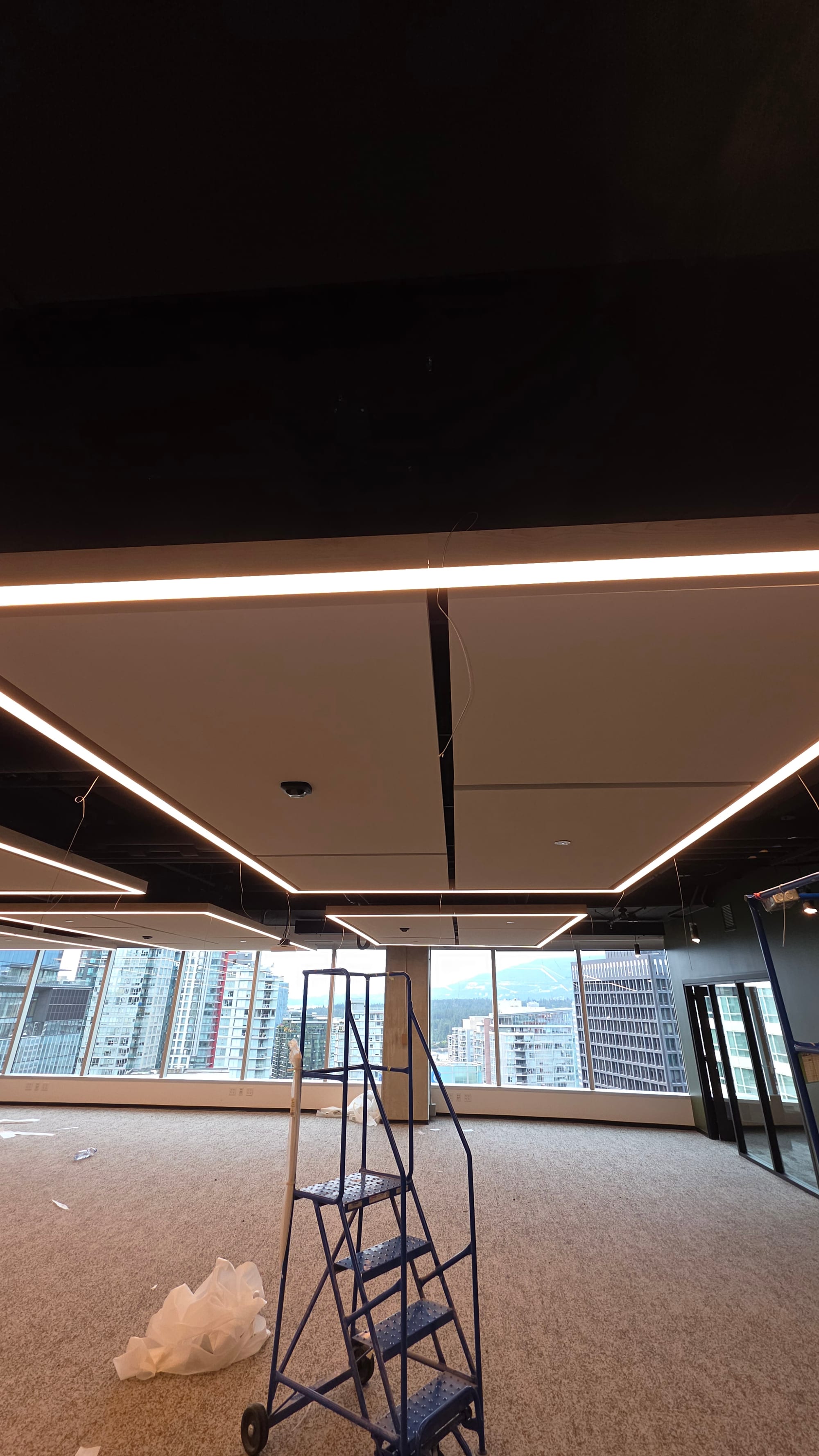 Vertical view of suspended acoustic clouds and ceiling services in a Microsoft interior.