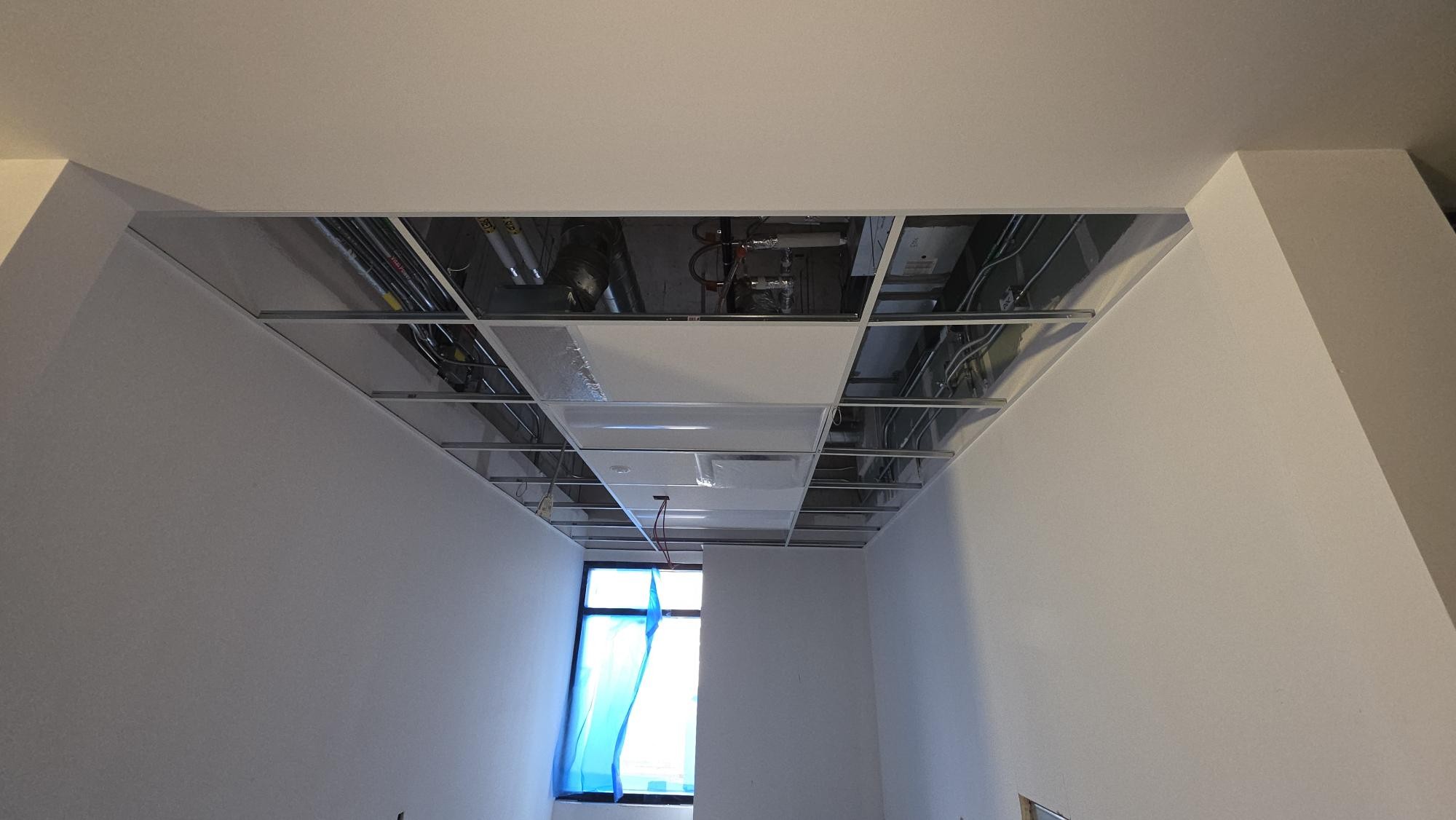 T-bar grid and selected ceiling panels above a smaller enclosed room, photographed toward a daylight opening.
